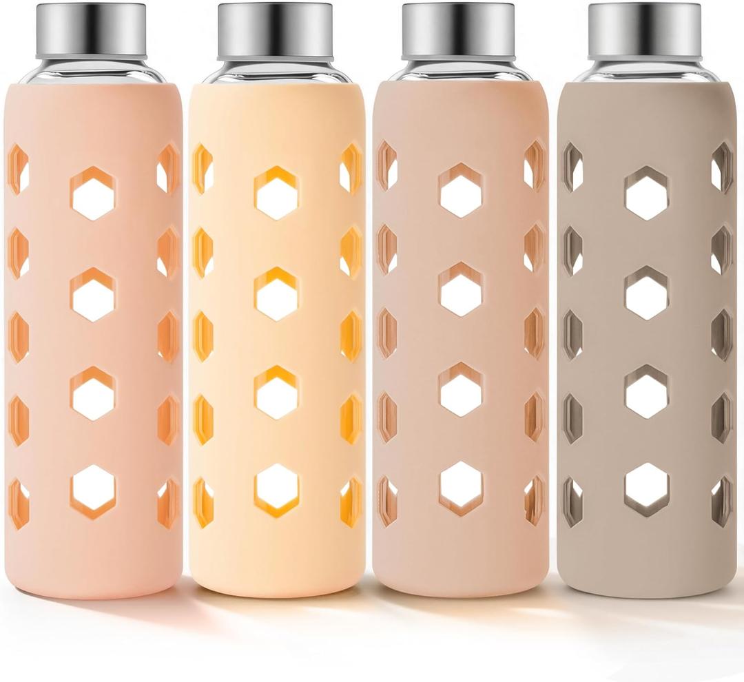 Mrsdry Glass Juice Bottles with Lids and Silicone Sleeves 18 oz, 4-Pack Reusable Clear Glass Water Bottles with Stainless Steel Airtight Cap for Juicing, Refrigerator, BPA Free Leak-Proof Drinking Jar