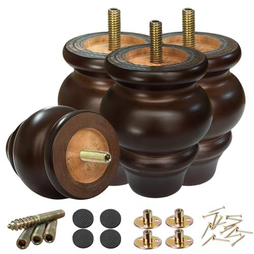 SHANJUE 3.5 Inch Wood Furniture Legs Set of 4, Round Gourd Shape Mid-Century Replacement Couch Sofa Legs with Mounting Bolts for Dresser, Sideboard, Coffee Table, Recliner, Cabinet