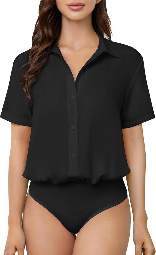 TQD Women Button Down Bodysuit Long Sleeve Collared Shirt Satin Blouse Bodysuits Tops Business Casual Office Professional (Small, Short Sleeve-black)