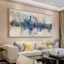 arteWOODS Framed Canvas Wall Art - Abstract New York City Painting Wall Decor Indigo Blue Gray Panoramic Art Print Skyline Reflection Pictures Artwork City Landscape Living Room Bedroom 29" x 58"