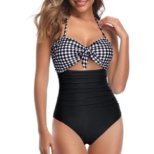 Tempt Me Women Sexy Cutout One Piece Swimsuits Tummy Control High Waisted Halter Front Tie Knot Bathing Suit (Small, Black Plaid)