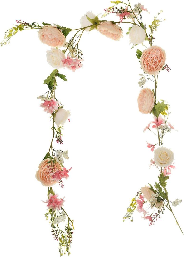 Lvydec 2 Pack Artificial Peony Flower Garland - 6ft Silk Peony Champagne Flower Garland Arch Flower Vine for Wedding Party Table Decoration (2, Champagne), PG-01
