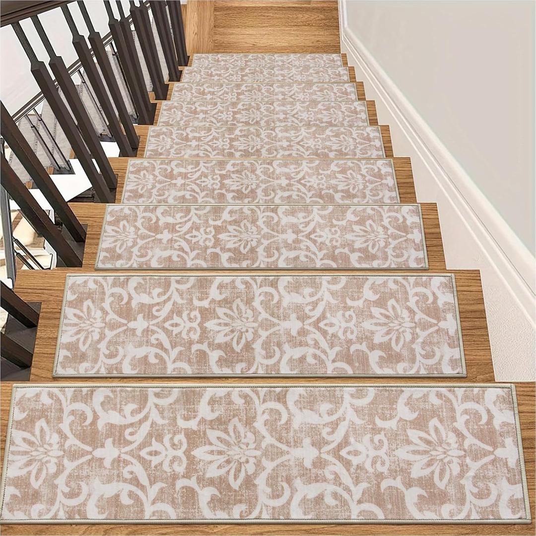 Lahome Carpet Stair Treads Non Slip Backing, 15 Pack 8" X 30" Stair Treads for Wooden Steps Indoor, Soft Washable Stairway Stair Runners Oriental Staircase Rugs for Kids Pets Elders(15pc, Beige)