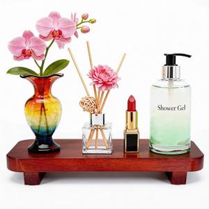 ECOECO Wood Riser for Decor, Widen Size Pedestal Stand for Bathroom,Farmhouse Decorative Tray Soap Holder for Perfume, Candle, Sponge, 10" x 6"- Red Brown