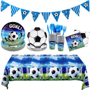 Kochorie 170 Pieces Soccer Birthday Party Decorations Soccer Paper Plates Napkins Cups Cutlery Tablecloth Triangle Flags Banner for Sports Themed Birthday Party Supplies, Serve 24 Guests