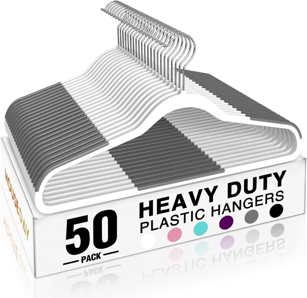 HOUSE DAY Heavy Duty Plastic Hangers 50 Pack, Non Slip Clothes Hangers with Rubber Grip and 360 Hook - Thin Plastic Hanger Space Saving - Coat Hanger White, Closet Organizer for Shirt, Pants, Suit