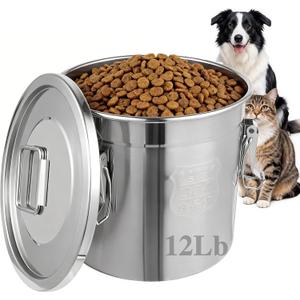 304 Stainless Steel Dog Food Storage Containers with Airtight Lid and Locking Clamp, Fits up to 12Lbs, Large Pet Food Storage Container Metal Pet Food Bin for Dogs, Cats & Birds Seed, Keep Fresh