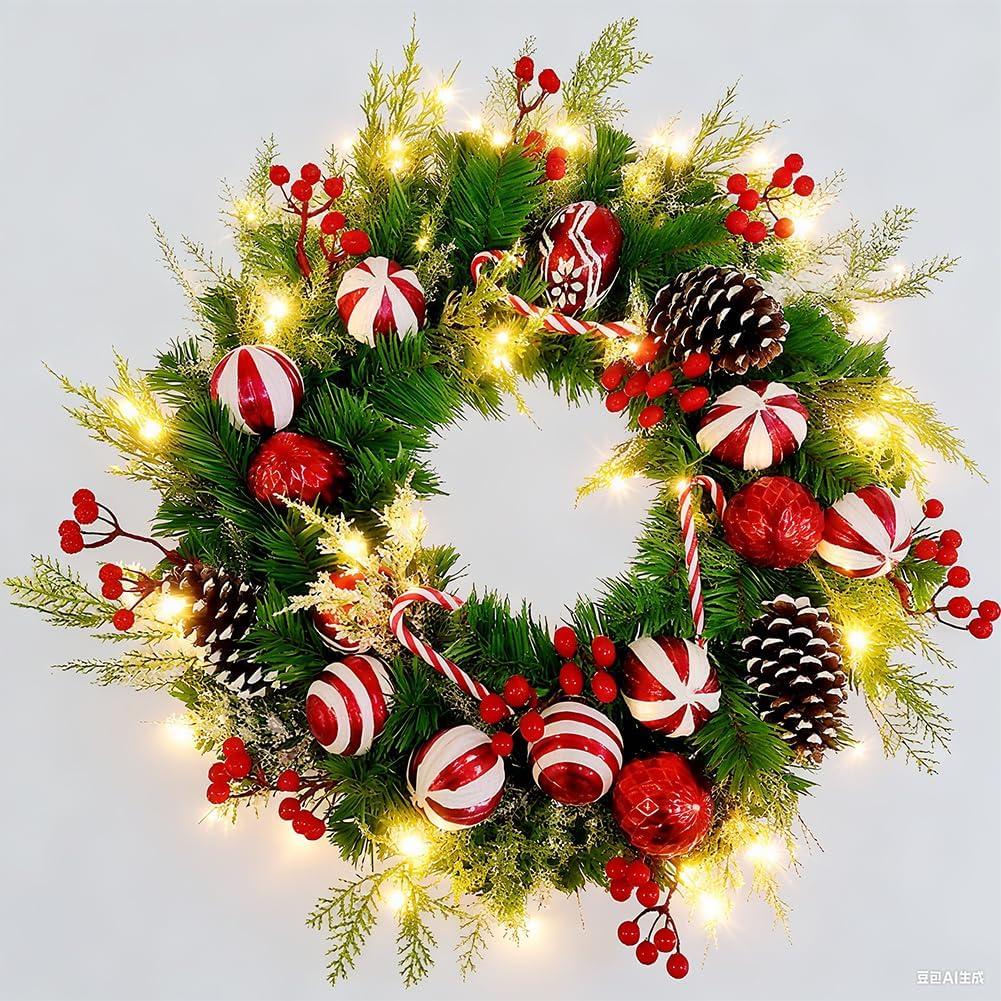 Christmas Wreaths for Front Door, 20" Artificial Winter Wreaths for Indoor Outdoor Decor, Light up Christmas Decorations Door Wreath with Red Candy Cane Berry Flowers Ball Pine Cones for Xmas
