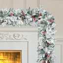 9FT Christmas Garland Decoration, Battery Operated Lighted Prelit Garland with Timers Pine Cones Berries Lush Branches, Snowy Xmas Garland for Mantle, Stairs, Fireplace, Outdoor, Party, Home Decor