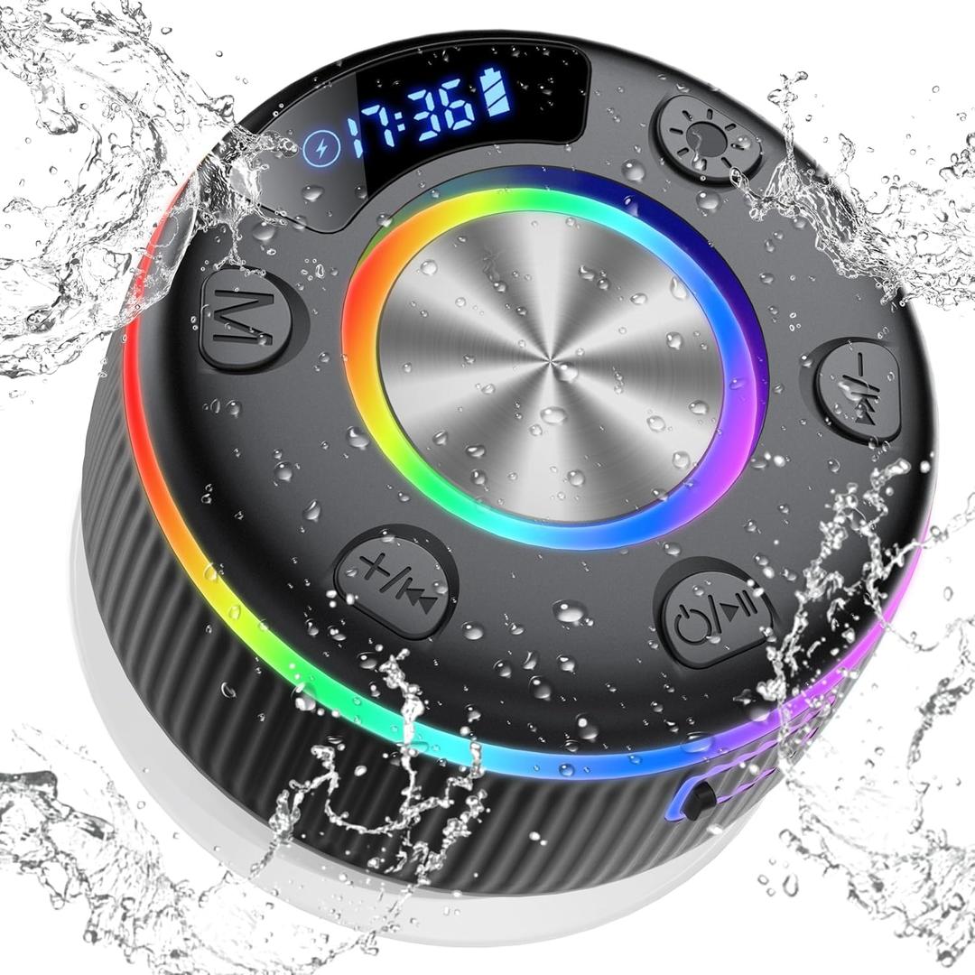 dotn Bluetooth Shower Speaker, Portable Bluetooth 5.3 Speakers Wireless, IP7 Waterproof Mini Speaker with RGB Lights, Suction Cup, Stereo Bass, for Bathroom Party Travel Outdoor, Gift