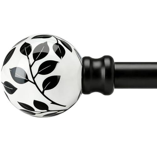 Ceramic Black Curtain Rods for Windows 28 to 48 Inches Adjustable Length Heavy Duty 1" Diameter Window Curtain Rod with Modern Leaf Pattern Decorative Finials for Bedroom Kitchen Living Room
