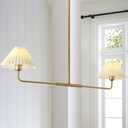 Modern 2 Light Chandeliers for Dining Room, Gold Linear Light Fixture with White Pleated Fabric Shade, Traditional Pendant Lights for Kitchen Island, Restaurant