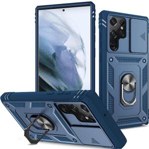 Fetrim Case for Galaxy S22 Ultra, Camera Cover Phone Case with Rotation Ring Stand for Samsung Galaxy S22 Ultra - Blue