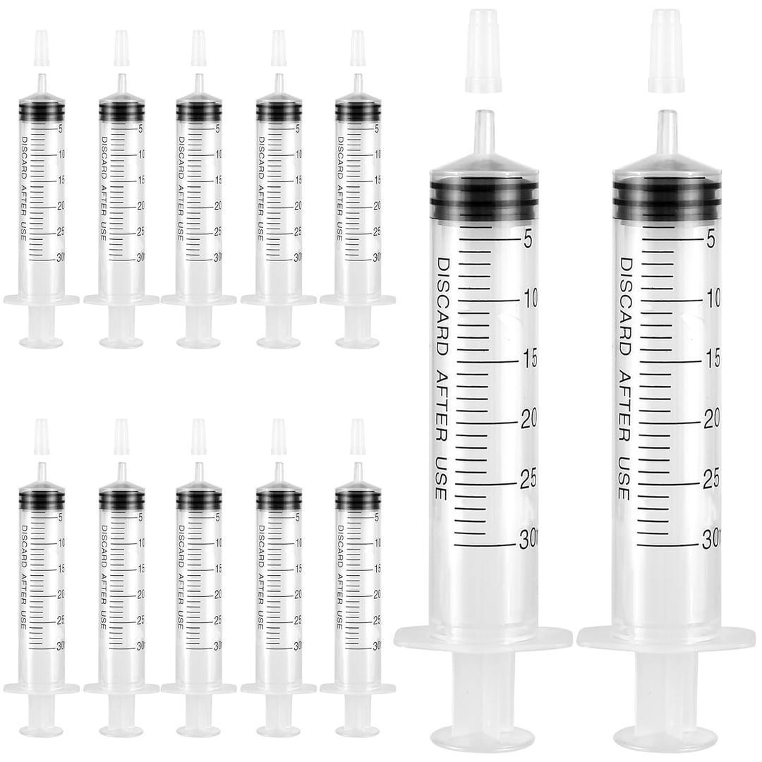 12 Pack Plastic 30ml Syringes with Cap, Sterile Syringe Individually Packaged for Labs, Liquid Measuring, Feeding Pets, Oil or Glue Applicator