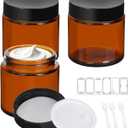 3 Pack 4 oz Amber Glass Jars with Lids, Cosmetic Jars with Black Lids, Glass Lotion Containers, Candle Making Containers for Lotions, Scrubs and Cosmetic, Lables and Spatulas Include