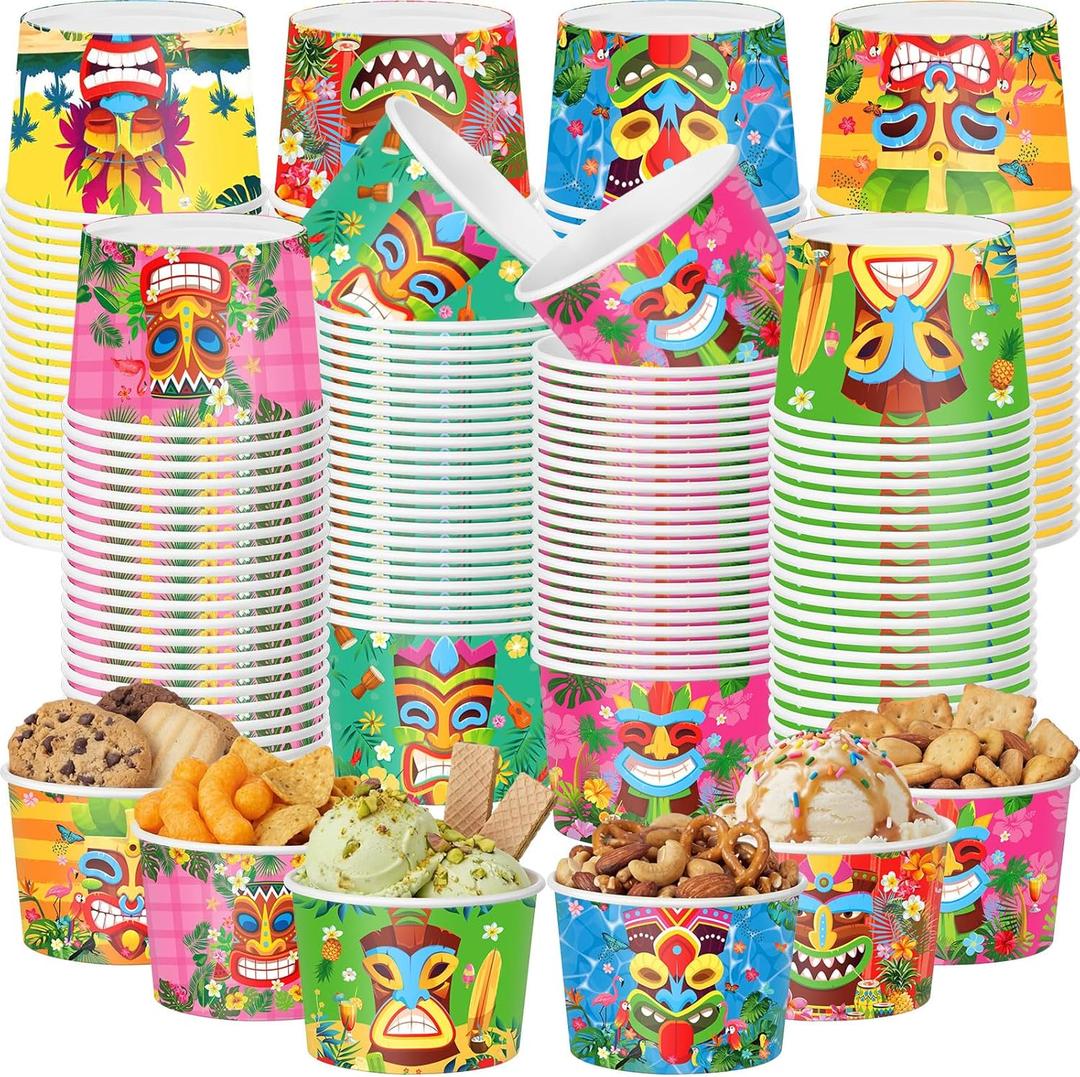 Maxdot 120 Pcs Tropical Snack Cups 9oz Disposable Ice Cream Cups Decorative Hawaii Paper Dessert Bowls Party Supplies for Yogurt, Cupcakes, Soup Hot or Cold Food