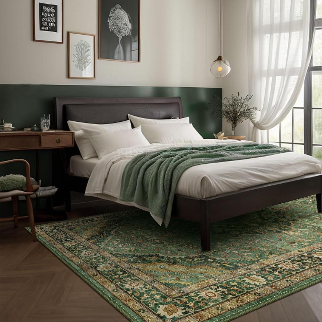 6x9 Vintage Rugs for Dining Room, Washable Rugs Non Slip Large Area Rug for Living Room Bedroom Office, Floor Decoration Big Rug Mat Low-Pile Kid & Pet Friendly(Border Green)