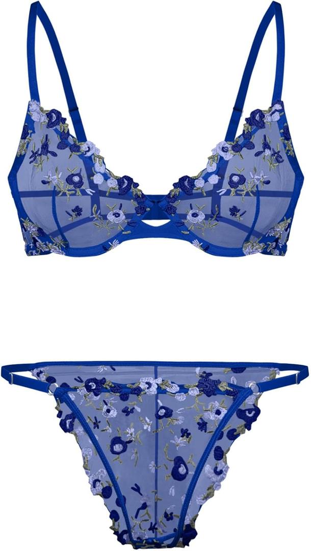 Lilosy Sexy Floral Embroidered Mesh Sheer Underwire Lingerie Set (Medium, Flower Royal Blue)