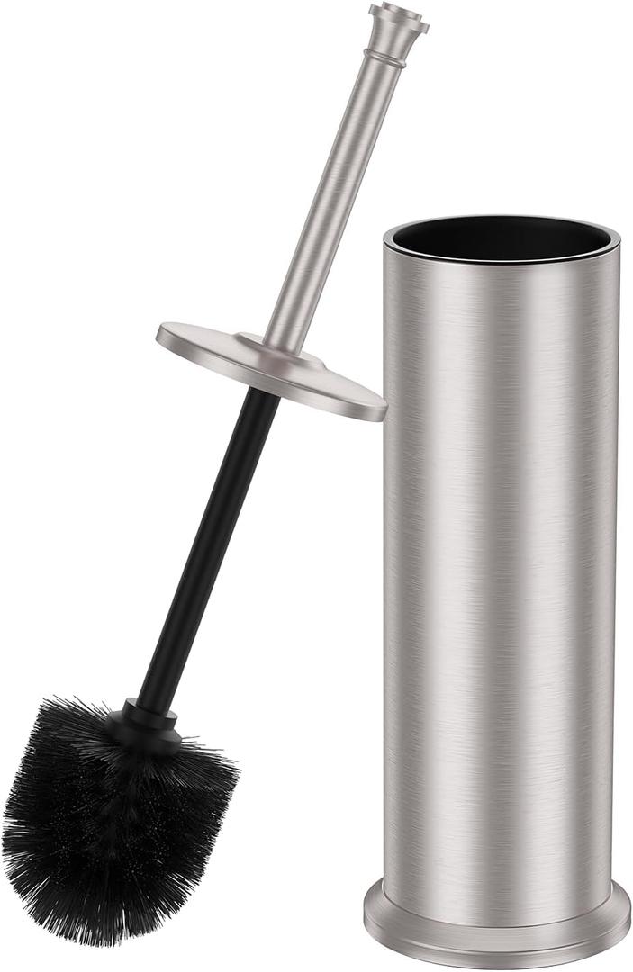 Stain Nickel Toilet Brush and HolderExtra Long Handled Toilet Brush for BathroomStainless Steel Heavy Duty Toilet Bowl Brush,Removable Inner Bowl,Deep Cleaning Dense Bristles Brush -Space Saving