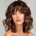 Short Wavy Wig with Bangs Light Brown Wig for Women Shoulder Length Bob Wig Women's Wigs Synthetic Heat Resistant Fiber Wigs for Daily Party Use (14 Inches)