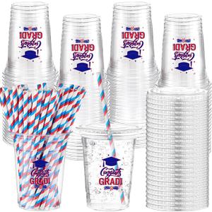 Sliner 50 Set 2026 Blue White and Red Graduation Plastic Cup Disposable with Lid and Paper Straw 16 oz Clear Drinking Cup for College High School Grad Party Supplies Decoration Festivities