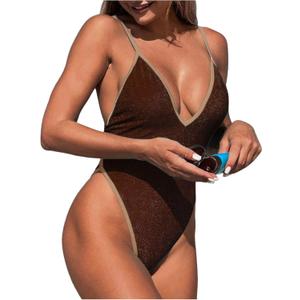 SweatyRocks Women's Tie Backless One Piece Swimsuit V Neck High Cut Bathing Suit Swimwear (Large, Brown)