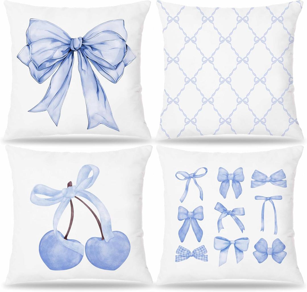 Blue Coquette Bow Pillow Covers 18x18, Coquette Room Decor,Bow Room Decor，Girly Bedroom Decor, Coquette Stuff, Set of 4