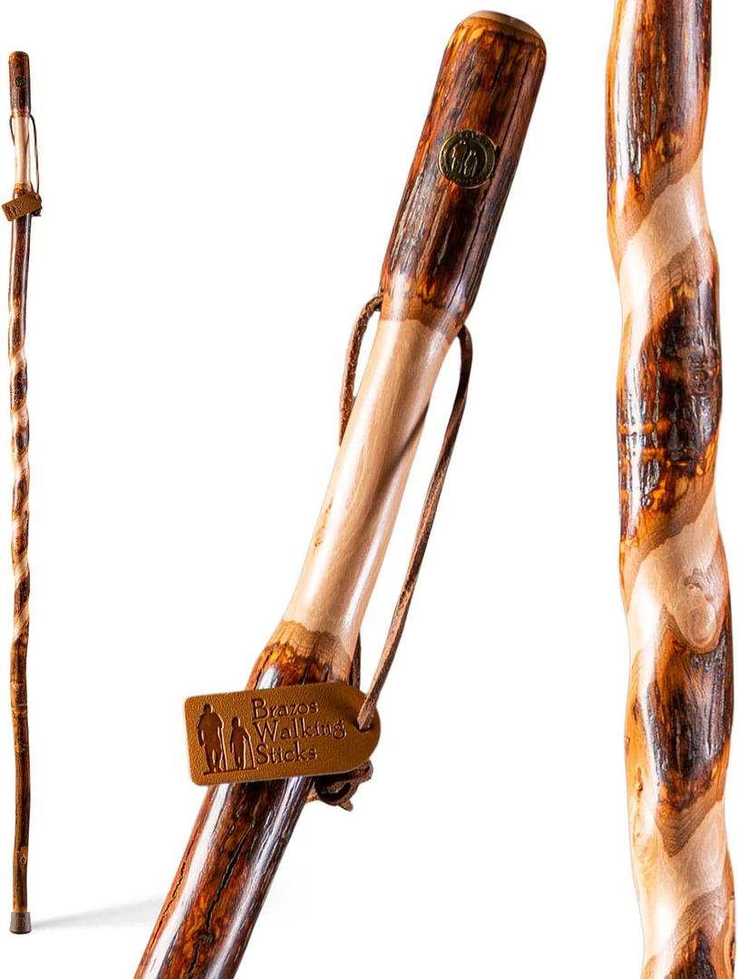 Brazos Rustic Wood Walking Stick, Twisted Hickory, Traditional Style Handle, for Men & Women, Made in The USA (48")
