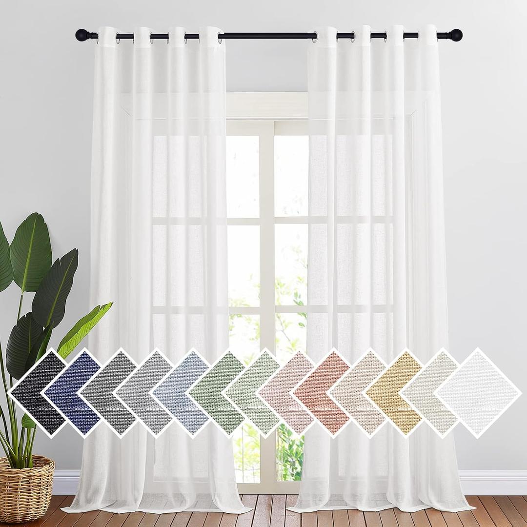 NICETOWN White Linen Curtains 108 inches Extra Long 2 Panels Set, Grommet Open Linen Elegant Privacy Semi Sheer Vertical Drapes for Farmhouse/French Door/Living Room, W52 x L108