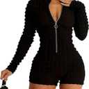 WDIRARA Women's Zip Up Bodycon Romper Textured Long Sleeve Unitards Shorts Jumpsuit (Black, M)