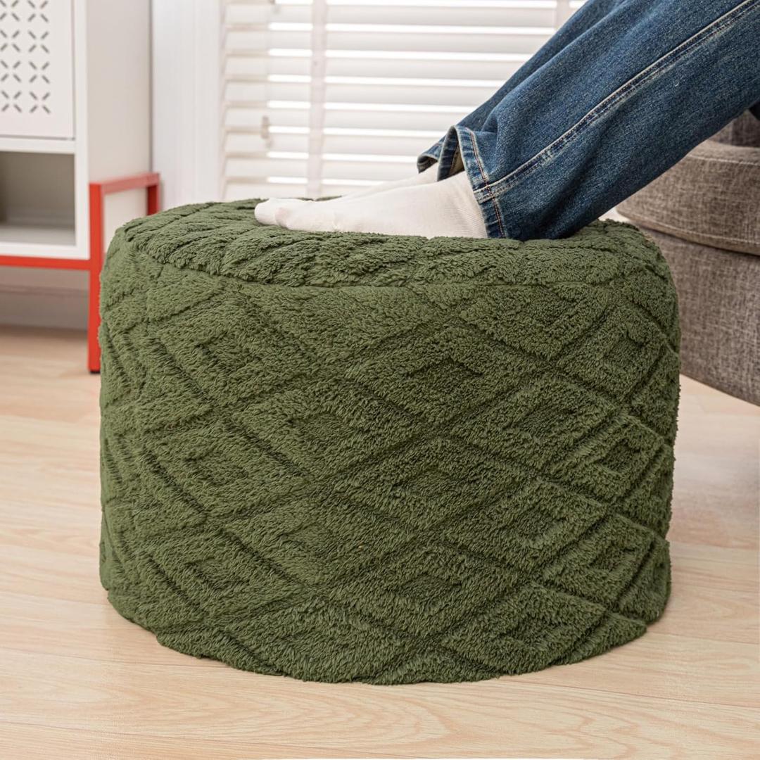 Fluffy Round Ottoman Pouf with All-in-One Foam Filling 20" x 14" Furry Ottoman Foot Rest Foot Stool for Living Room or Bedroom (Green)