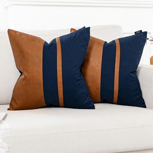 Vfuty Set of 2 Navy and Brown Decorative Throw Pillow Covers 18x18 Inch Faux Leather and Cotton Patchwork Pillow Cover,Modern Farmhouse Accent Pillow Case for Living Room Couch Bed Boho Decor