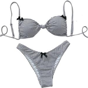 GORGLITTER Women's Y2k Gingham Bikini Set 2 Piece Bow Swimsuit Triangle High Cut Bathing Suit (Large, Black and White)