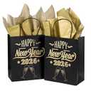 WRAPAHOLIC Medium Size Gift Bags - 12 Pack Happy New Year 2026 Black and Gold Foil Paper Bags for New Year Celebrating, Party - 8" x 4" x 10"