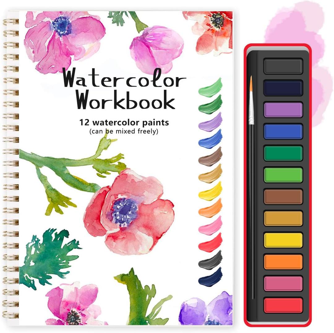 Watercolor Workbook, Water Coloring Book, 12 Different Patterns of Original DIY Designs, 12 Colors Watercolor Paint Set with Brush, Beginner-Friendly Watercolor Workbooks