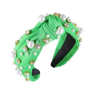 Pearl Knotted Women Headband Sparkle Rhinestone Jeweled Headband Wide Knot Crystal Embellished Hairband Fashion Women's Hair Accessories Green