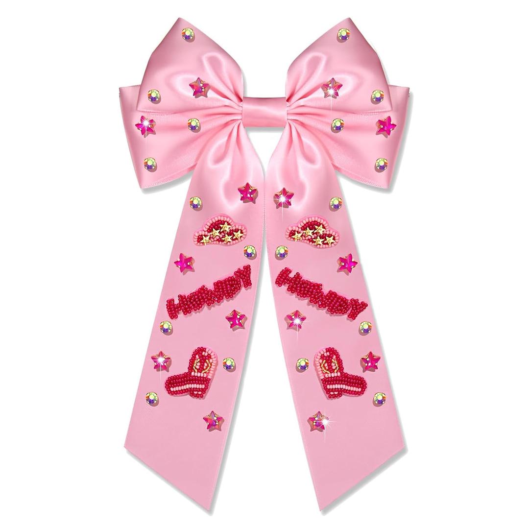 Western Hair Bows for Women Howdy Cowgirl Hair Bow Clips Cowboy Hat Boot Hair Ribbons Jeweled Big Pink Hair Bows Western Hair Accessories Bachelorette Rodeo Nashville Cowgirl Outfits Gifts (Pattern A)