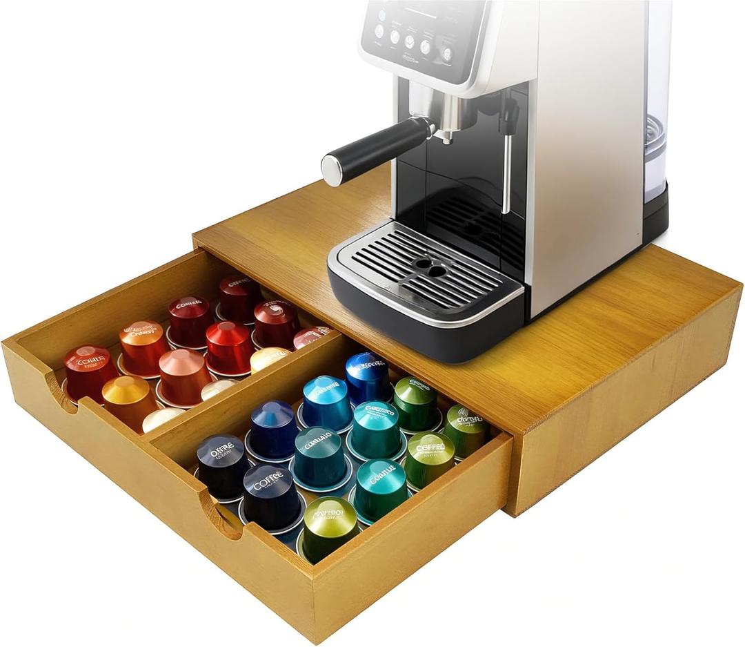 KISENG Coffee Pod 15" X 11" X 3" Natural Wood Countertop Organizer Drawer, Counter Top Espresso Tea Bag Station Storage Holder Box, Brown