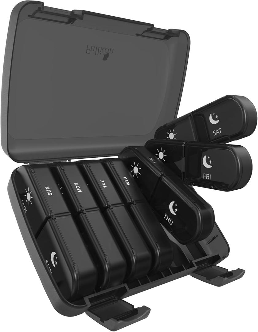 Fullicon Extra Large AM PM Pill Box Organizer 7 Day, Travel Medicine Pill Organizer 2 Times a Day, Large Supplement Vitamin Dispenser, Weekly Jumbo Pill Case Container for Purse (Black)