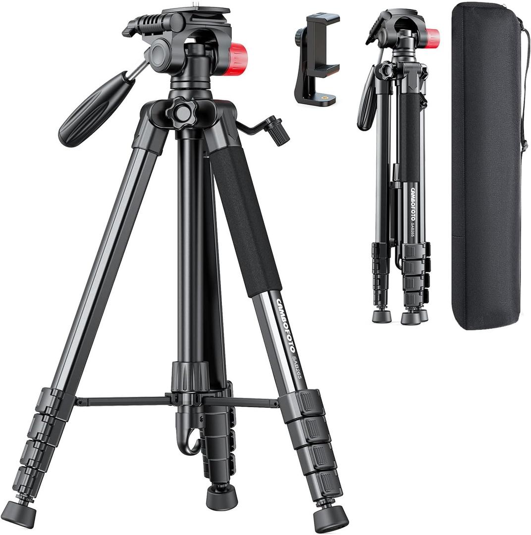 CAMBOFOTO 74"-Camera-Tripod, Porfessional Aluminum Heavy Duty Tripod Stand for Mirrorless Camera/DSLR/Cell Phone/Camcorder, with Holder and Travel Bag, Black 
