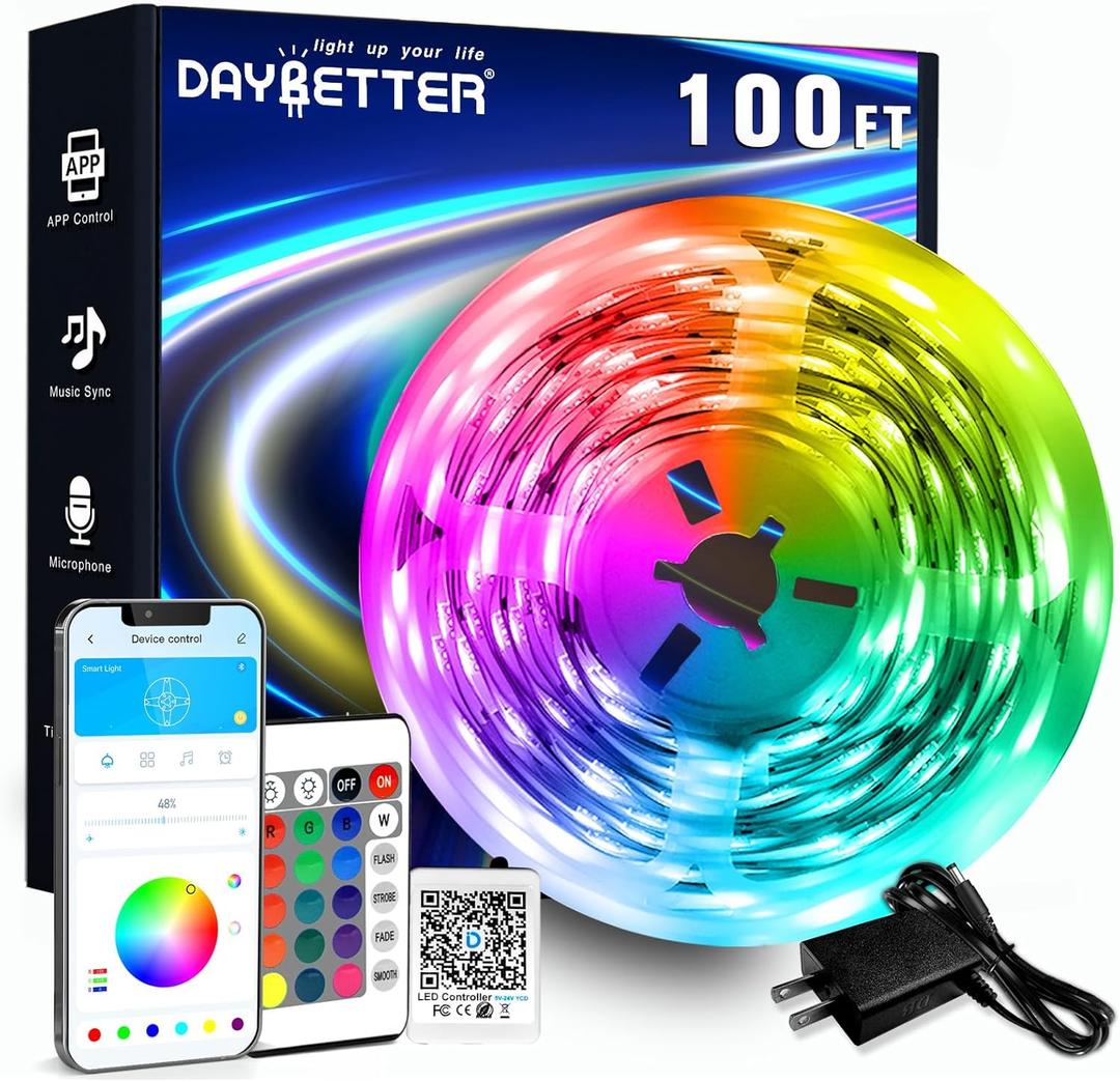 DAYBETTER LED Strip Lights 100ft RGB Lights Strip for Bedroom, Desk, Indoor Room Living Room Brithday Gifts Home Decor with Remote, 24V Power Supply