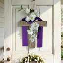 Easter Cross Wreath for Front Door, 14 Inch Rustic Cross with White Lily Flowers and Purple Ribbon, Spring Religious Wall Hanging Decor for Home Porch Church Party Celebration