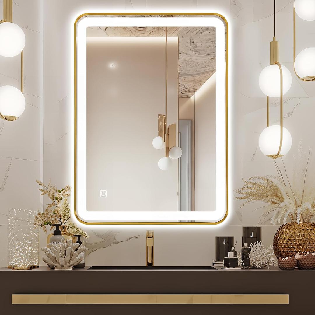 24"x32" Gold LED Mirror for Bathroom, Metal Frame Metal frame Rectangle Mirror with Rounded Edges, Stepless Dimmable Wall Mirrors with Anti-Fog, IP65 Waterproof, UL-Listed(Horizontal/Vertical)