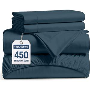 LANE LINEN 100% Cotton Sheets Queen Size – 450 Thread Count Naturally Cooling Queen Bed Set, Durable Bedding for Daily Use, Luxury Sateen Finish, Snug Fit 15" Deep Pocket Fitted Sheet – Estate Blue