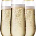 Munfix 36 Pack Stemless Plastic Champagne Flutes Disposable 9 Oz Gold Rim Clear Plastic Toasting Glasses Shatterproof Recyclable and BPA-Free