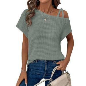 Dokotoo Womens Summer Tops Off One Shoulder Waffle Knit Short Sleeve T-Shirts Casual Lightweight Solid Color Blouses, X-Large