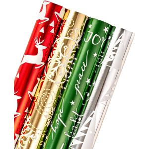 WRAPAHOLIC 30 Inch Christmas Wrapping Paper Roll - Jumbo Roll Red Green Gold and Silver Snowflakes Trees Holiday Collection with Metallic Foil Shine - 4 Rolls - 30 Inch x 120 Inch Per Roll