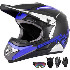 Motocross Helmet, Outdoor Full Face Dirt Bike Helmets ATV Offroad Adult &Youth Motorcycle Helmet SUV Dirt Bike Mountain Bike Helmet DOT Unisex Offroad Helmet (4 Piece Set) (Blue, Large)