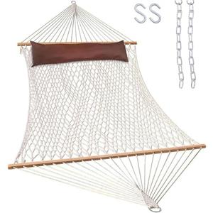 Lazy Daze Hammocks 12FT Double Rope Hammocks, 2 Person Hand Woven Cotton Hammock with Pillow and Spreader Bar for Outside, Patio, Poolside, FIT 13-15 Ft Stand, Max 450 Lbs, Natural, 141 x 57 inches