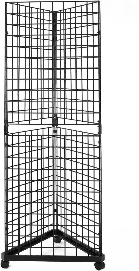 6' x 2' Heavy Duty Triangle Wire Grid Panel Tower with Base and Casters, Wire Grid Wall Display Rack, Black Finish